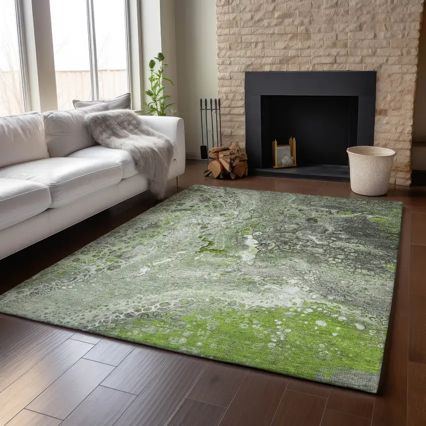 Artichoke Green Gray And Ivory Abstract Washable Area Rug With UV Protection Photo 4