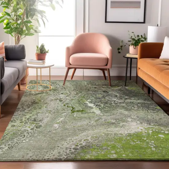 Artichoke Green Gray And Ivory Abstract Washable Area Rug With UV Protection Photo 3