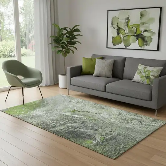 Artichoke Green Gray And Ivory Abstract Washable Area Rug With UV Protection Photo 1