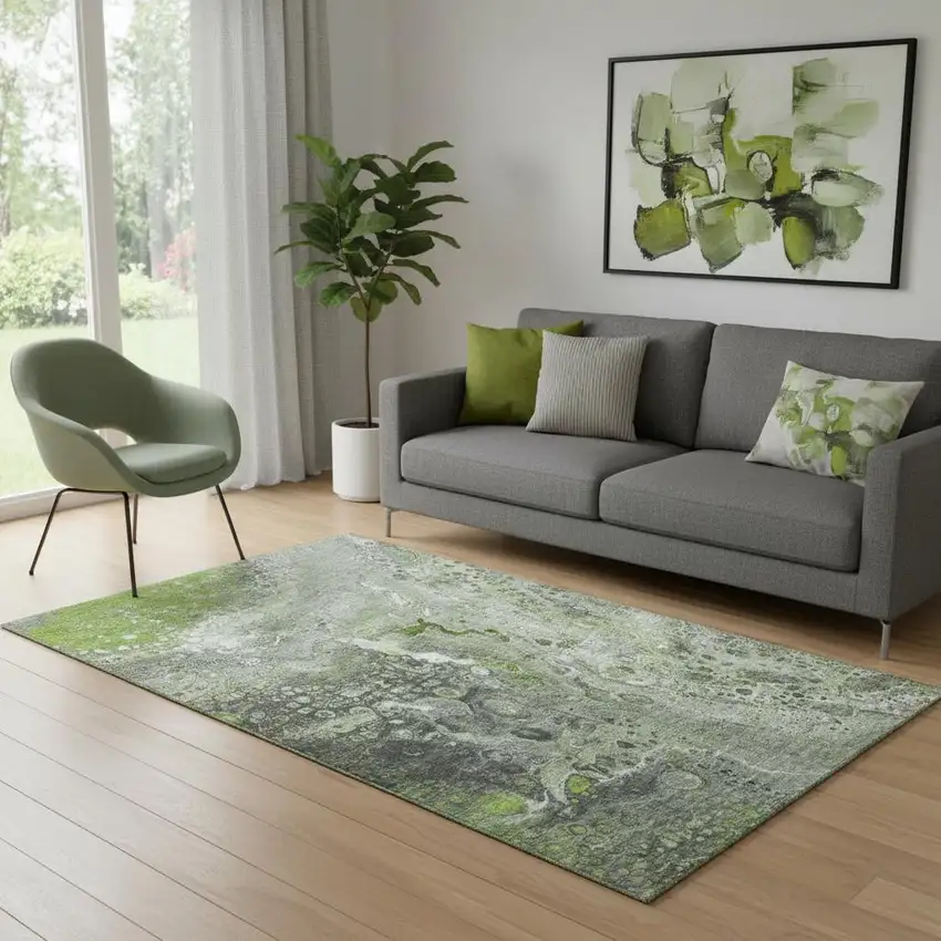 Artichoke Green Gray And Ivory Abstract Washable Area Rug With UV Protection Photo 1