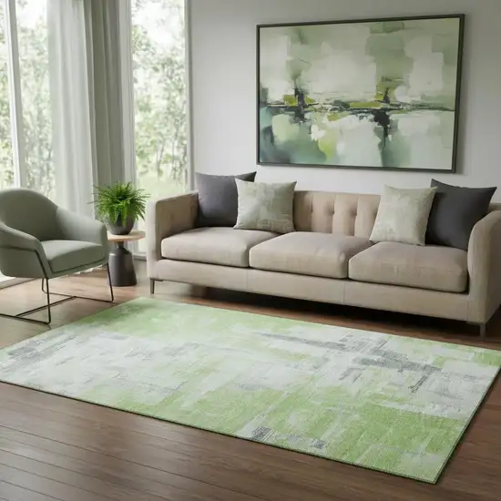 Artichoke Green Gray And Ivory Abstract Washable Area Rug With UV Protection Photo 1