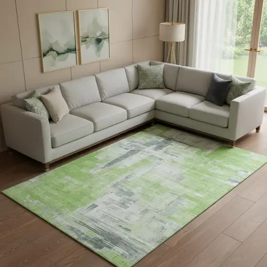 Artichoke Green Gray And Ivory Abstract Washable Area Rug With UV Protection Photo 2