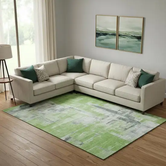 Artichoke Green Gray And Ivory Abstract Washable Area Rug With UV Protection Photo 2