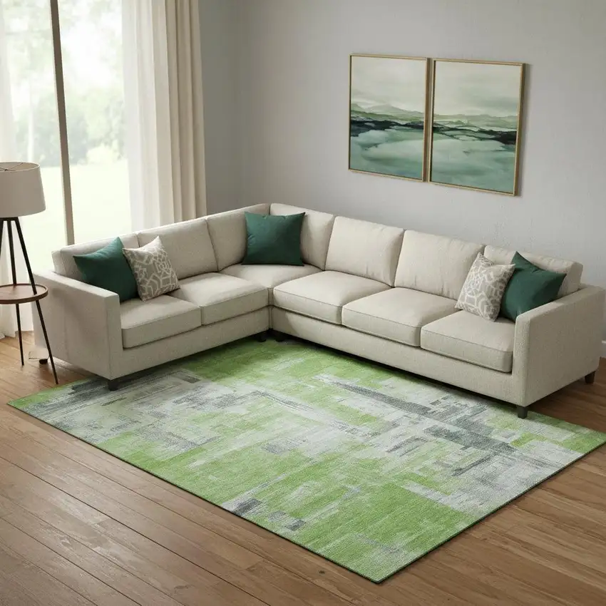 Artichoke Green Gray And Ivory Abstract Washable Area Rug With UV Protection Photo 2