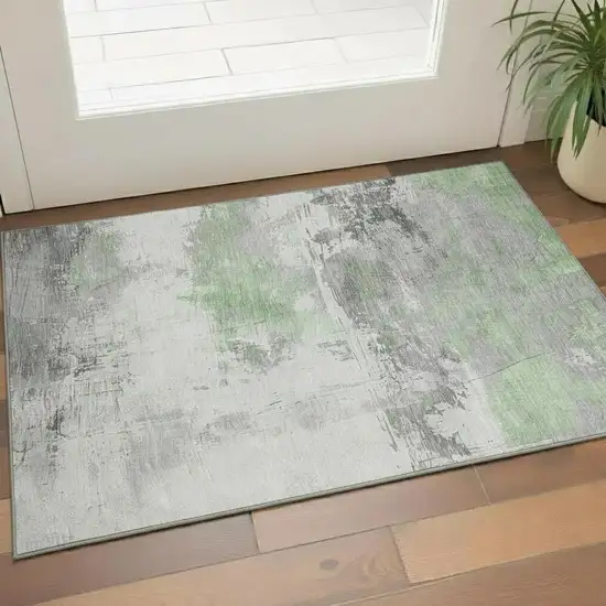 Artichoke Green Gray And Ivory Abstract Washable Area Rug With UV Protection Photo 2