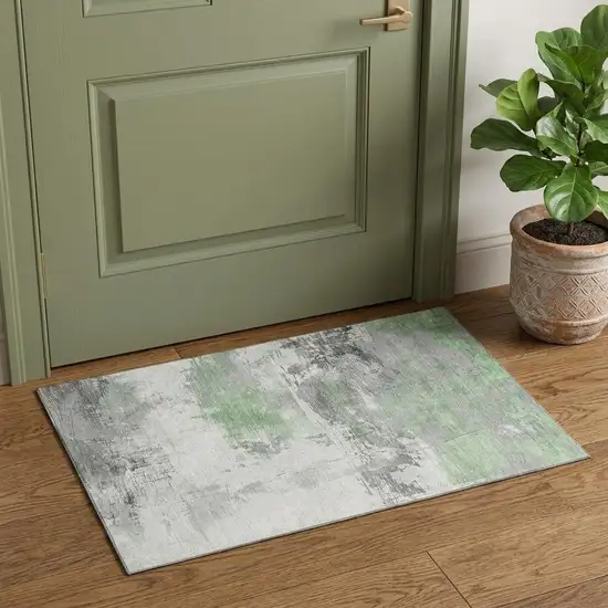 Artichoke Green Gray And Ivory Abstract Washable Area Rug With UV Protection Photo 1