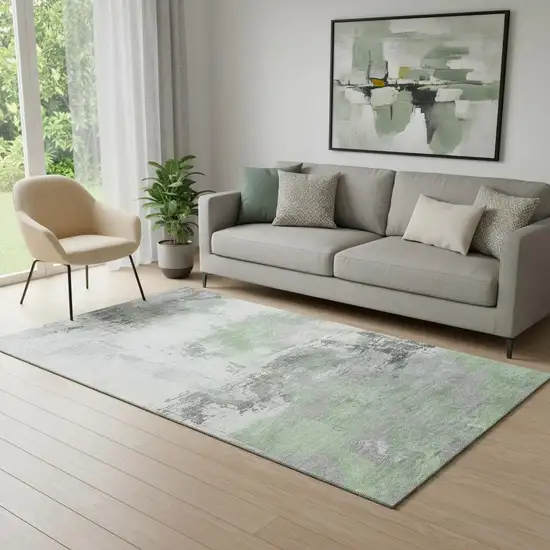 Artichoke Green Gray And Ivory Abstract Washable Area Rug With UV Protection Photo 2