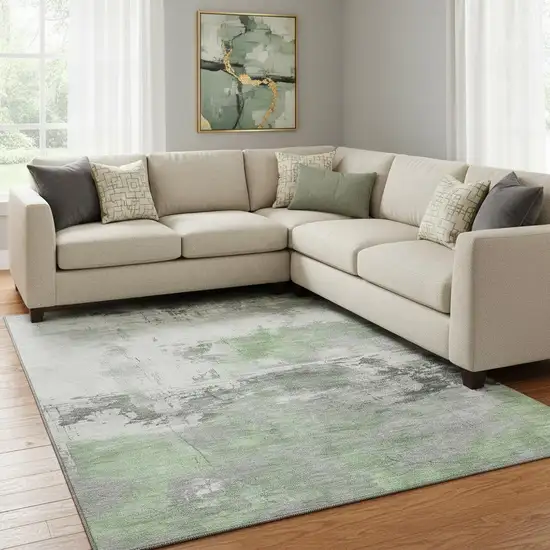 Artichoke Green Gray And Ivory Abstract Washable Area Rug With UV Protection Photo 2