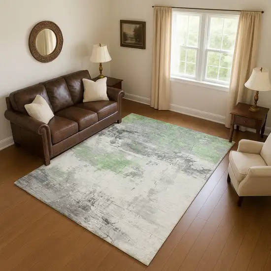 Artichoke Green Gray And Ivory Abstract Washable Area Rug With UV Protection Photo 4