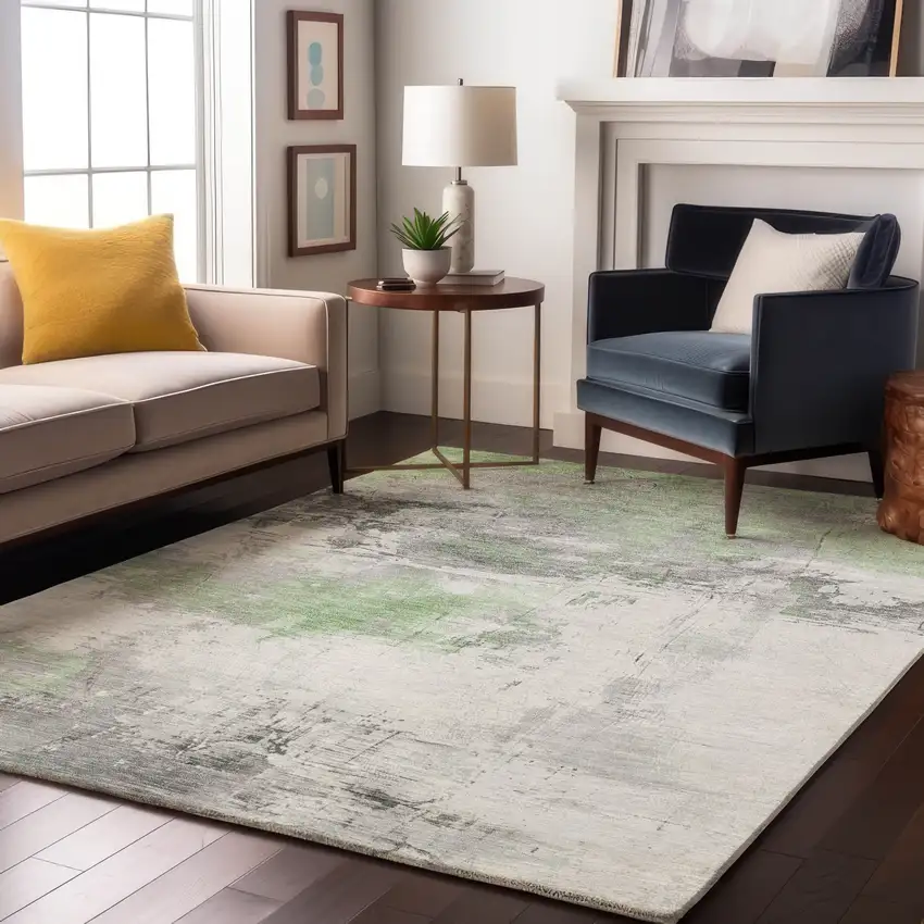 Artichoke Green Gray And Ivory Abstract Washable Area Rug With UV Protection Photo 5
