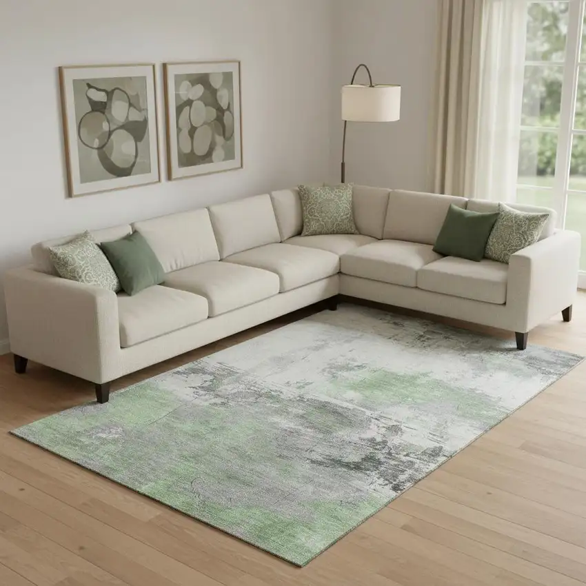 Artichoke Green Gray And Ivory Abstract Washable Area Rug With UV Protection Photo 2