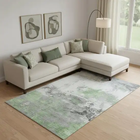 Artichoke Green Gray And Ivory Abstract Washable Area Rug With UV Protection Photo 2