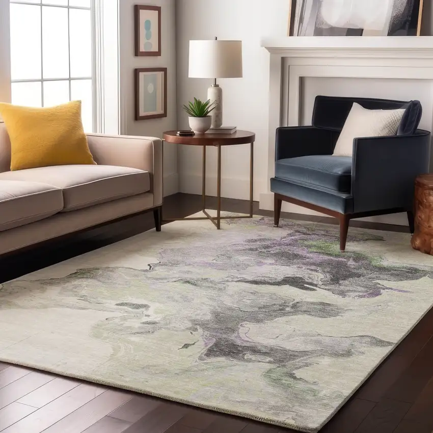 Artichoke Green Gray And Ivory Abstract Washable Area Rug With UV Protection Photo 5