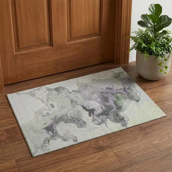 Artichoke Green Gray And Ivory Abstract Washable Area Rug With UV Protection Photo 1