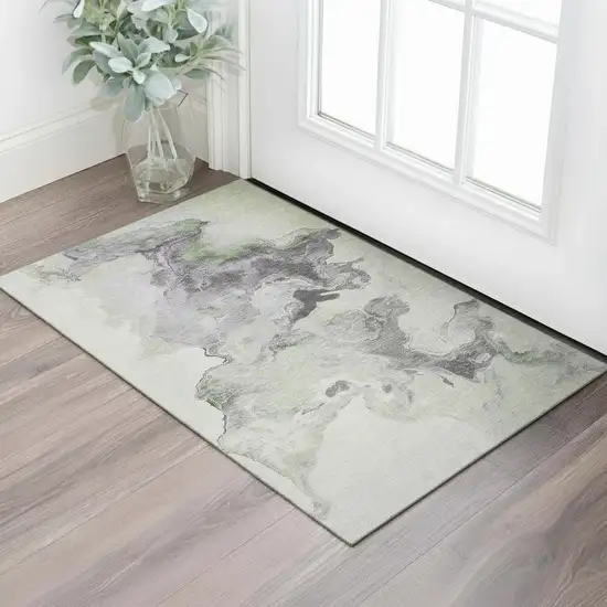 Artichoke Green Gray And Ivory Abstract Washable Area Rug With UV Protection Photo 2