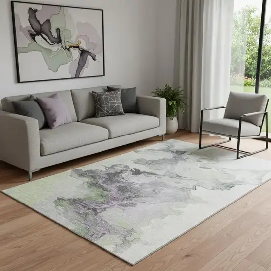 Artichoke Green Gray And Ivory Abstract Washable Area Rug With UV Protection Photo 2