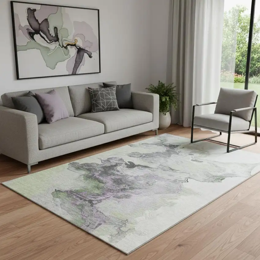 Artichoke Green Gray And Ivory Abstract Washable Area Rug With UV Protection Photo 2