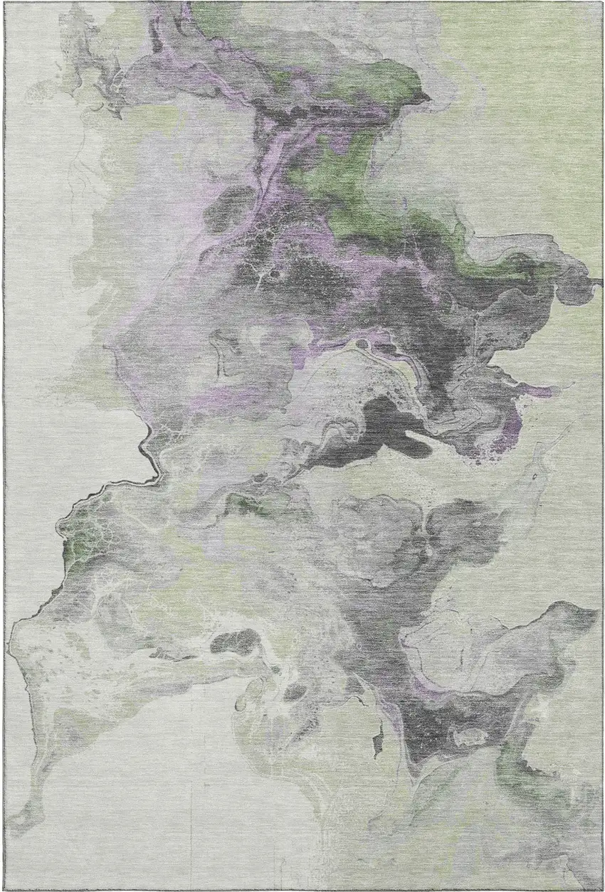 Artichoke Green Gray And Ivory Abstract Washable Area Rug With UV Protection Photo 1