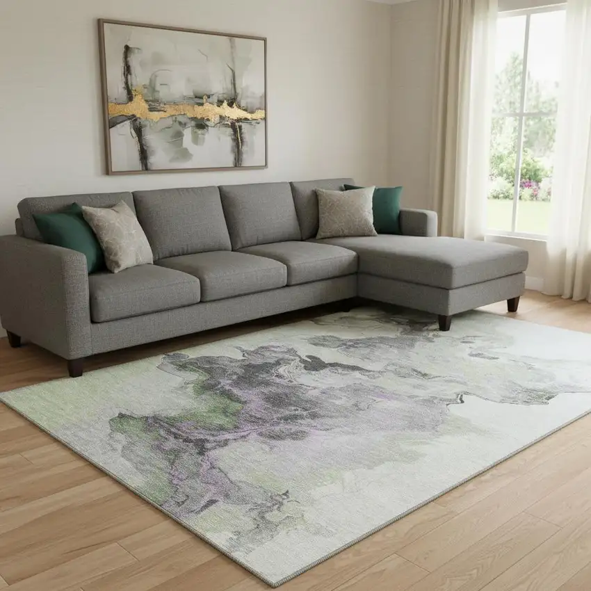 Artichoke Green Gray And Ivory Abstract Washable Area Rug With UV Protection Photo 2