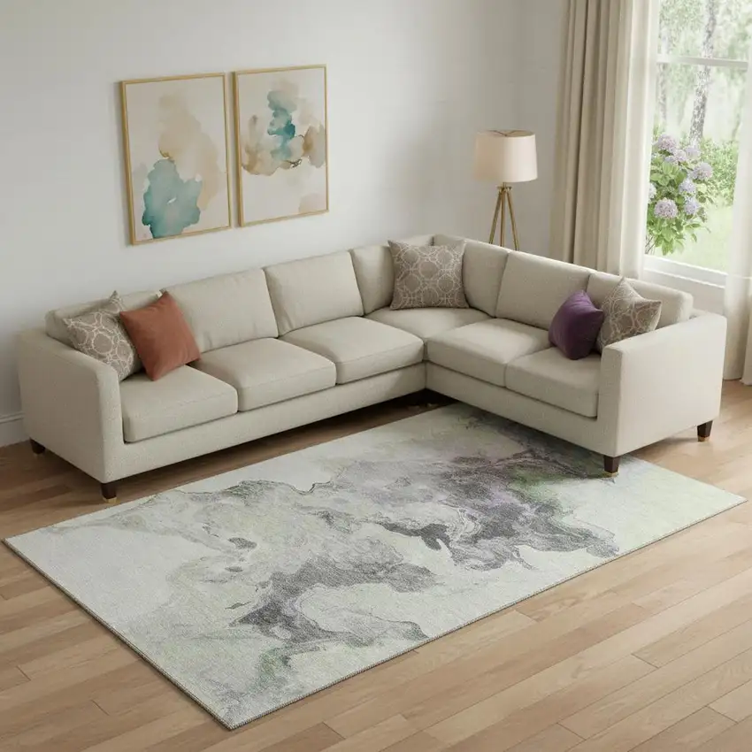 Artichoke Green Gray And Ivory Abstract Washable Area Rug With UV Protection Photo 2