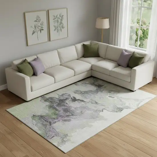 Artichoke Green Gray And Ivory Abstract Washable Area Rug With UV Protection Photo 2