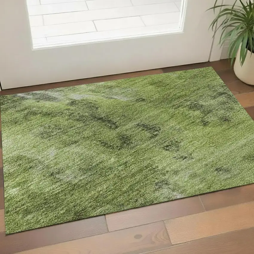 Artichoke Green Gray And Ivory Abstract Washable Area Rug With UV Protection Photo 2