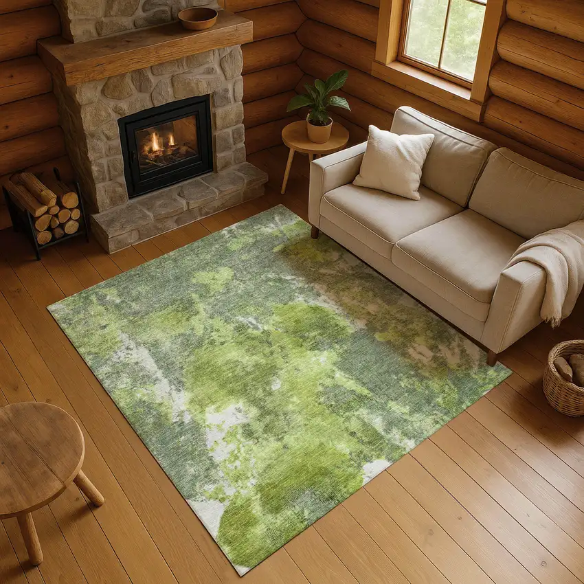 Artichoke Green Gray And Ivory Abstract Washable Area Rug With UV Protection Photo 4