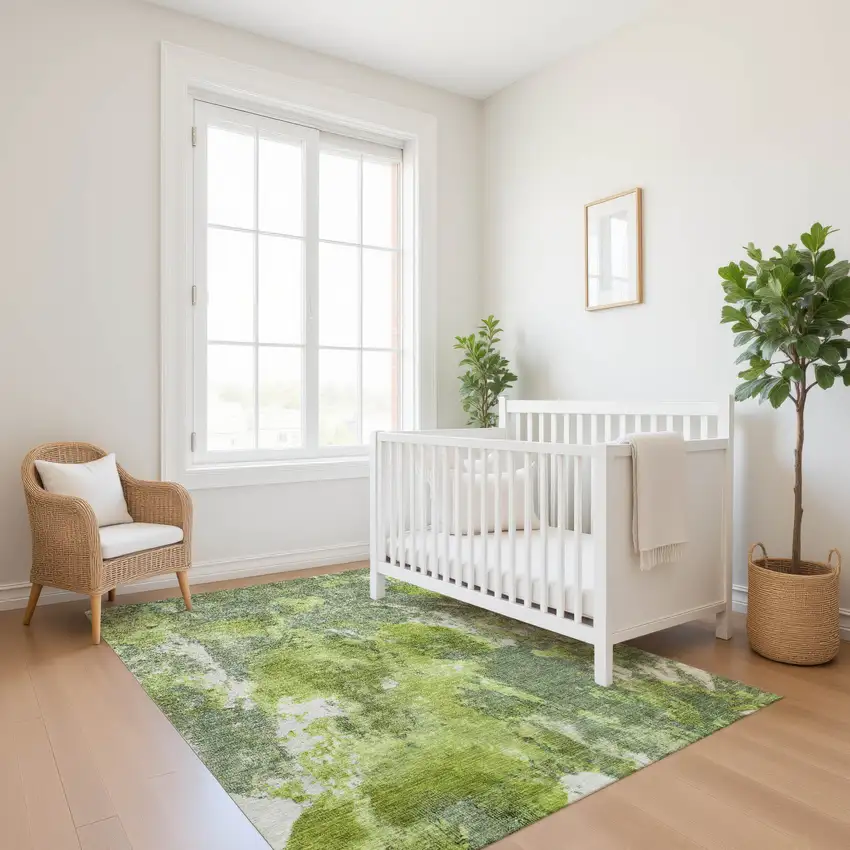 Artichoke Green Gray And Ivory Abstract Washable Area Rug With UV Protection Photo 5