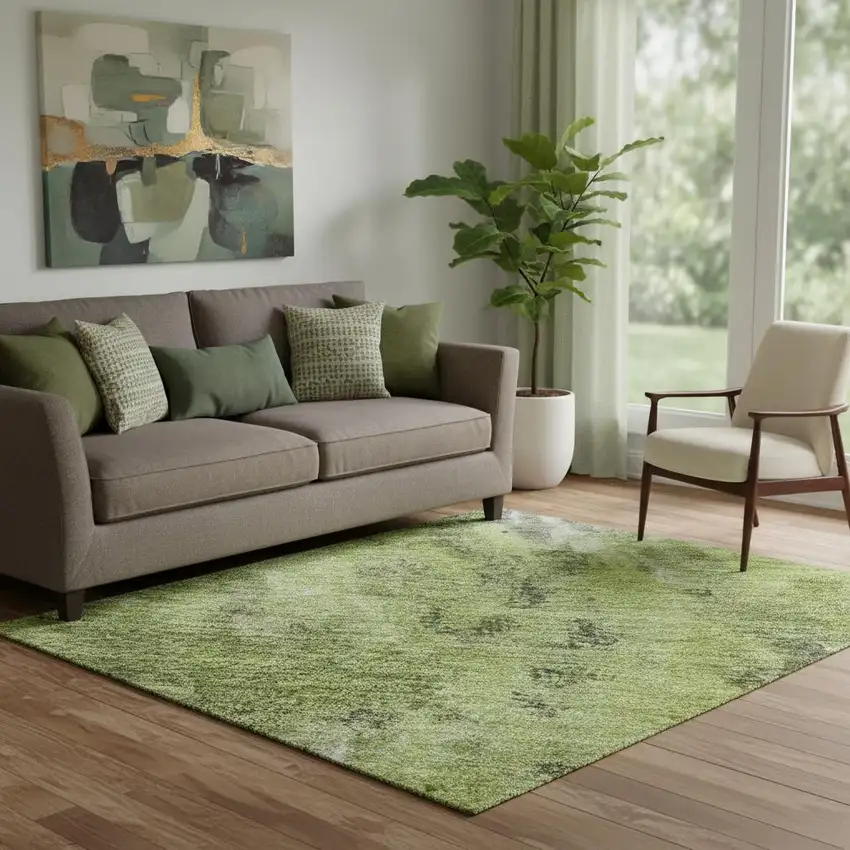 Artichoke Green Gray And Ivory Abstract Washable Area Rug With UV Protection Photo 2