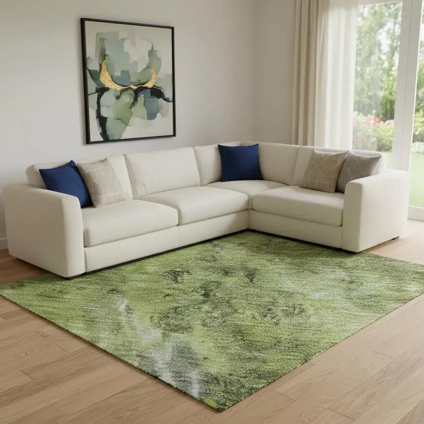 Artichoke Green Gray And Ivory Abstract Washable Area Rug With UV Protection Photo 2