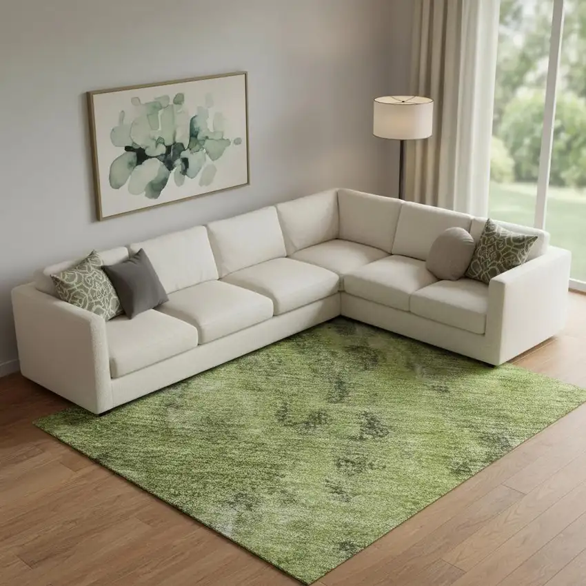 Artichoke Green Gray And Ivory Abstract Washable Area Rug With UV Protection Photo 2