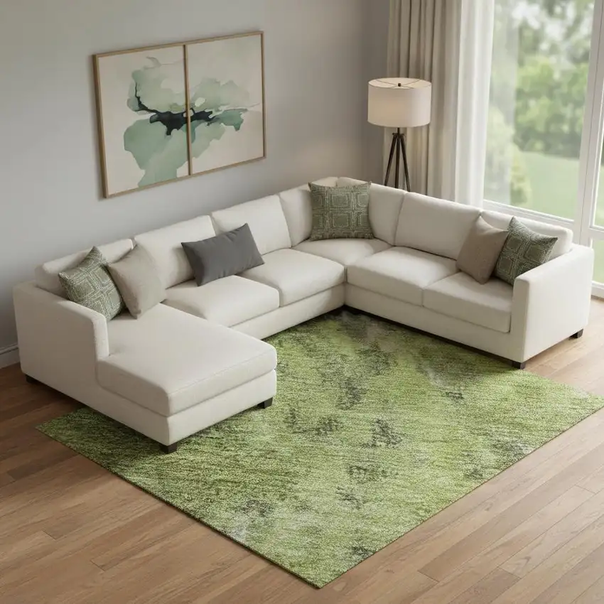 Artichoke Green Gray And Ivory Abstract Washable Area Rug With UV Protection Photo 2