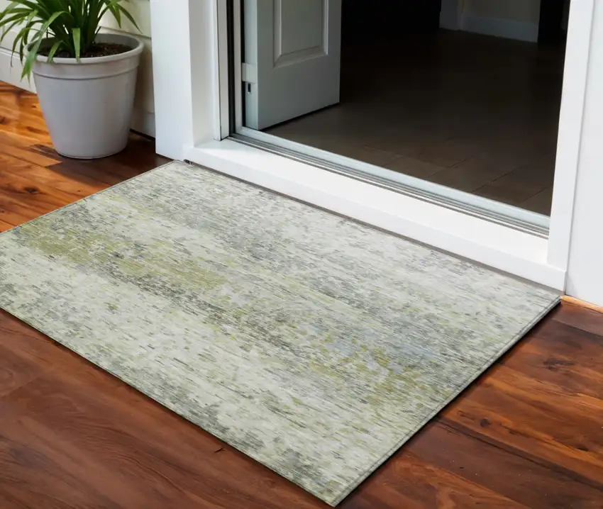 Artichoke Green Gray And Ivory Abstract Washable Indoor Outdoor Area Rug Photo 1