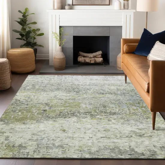 Artichoke Green Gray And Ivory Abstract Washable Indoor Outdoor Area Rug Photo 8