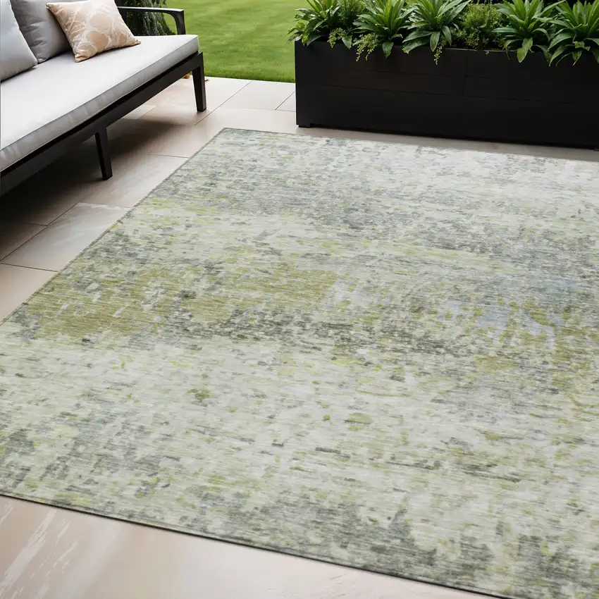 Artichoke Green Gray And Ivory Abstract Washable Indoor Outdoor Area Rug Photo 1