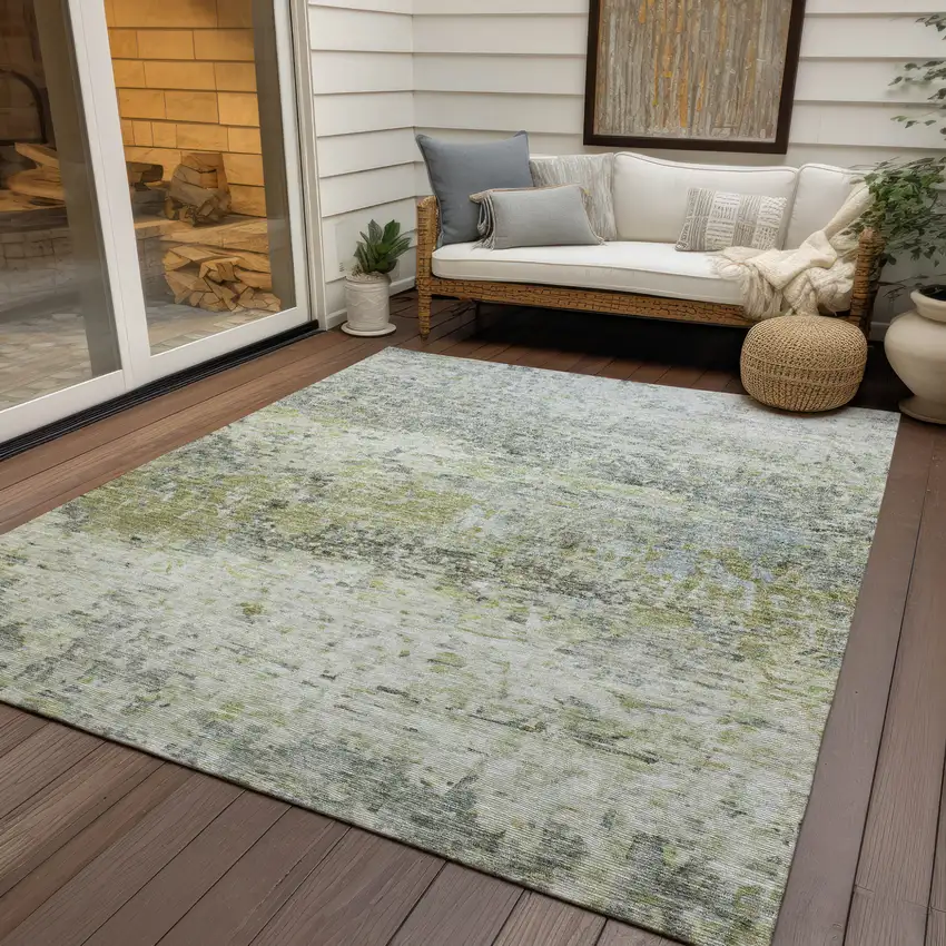 Artichoke Green Gray And Ivory Abstract Washable Indoor Outdoor Area Rug Photo 7