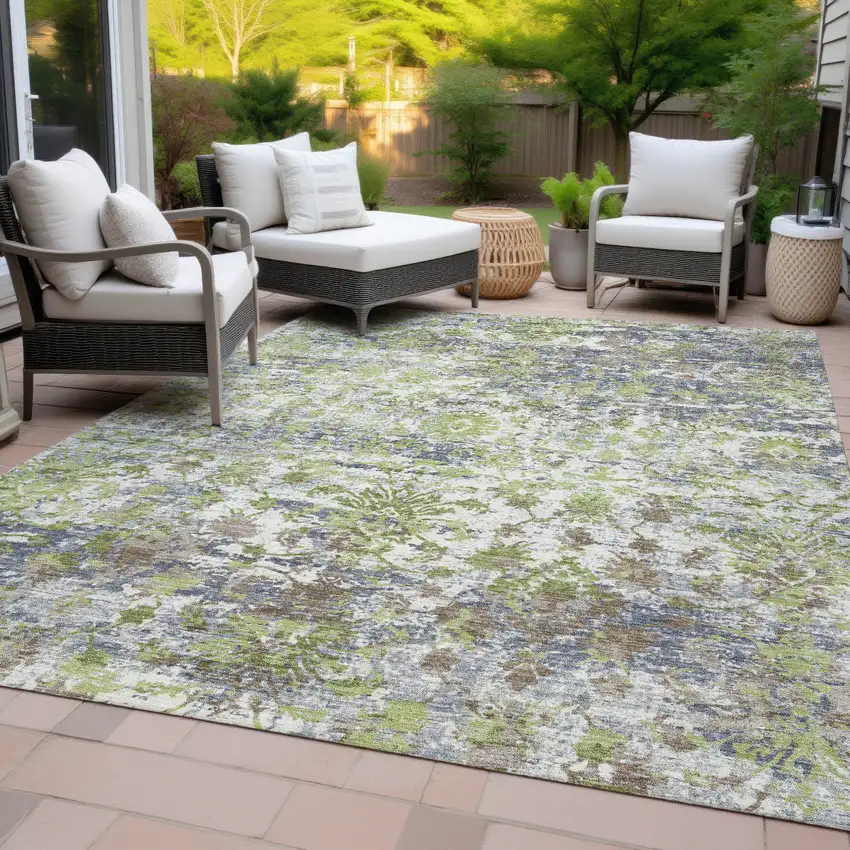 Artichoke Green Gray And Ivory Abstract Washable Indoor Outdoor Area Rug Photo 9