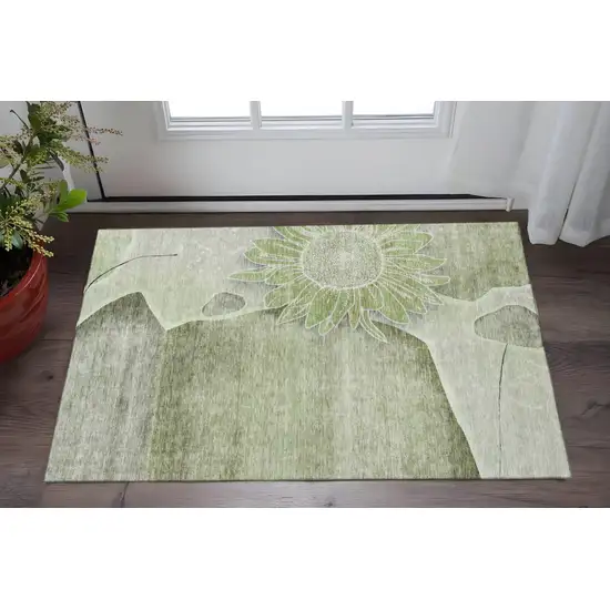 Artichoke Green Gray And Ivory Floral Washable Area Rug With UV Protection Photo 2