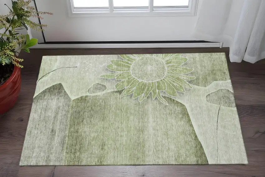 Artichoke Green Gray And Ivory Floral Washable Area Rug With UV Protection Photo 2