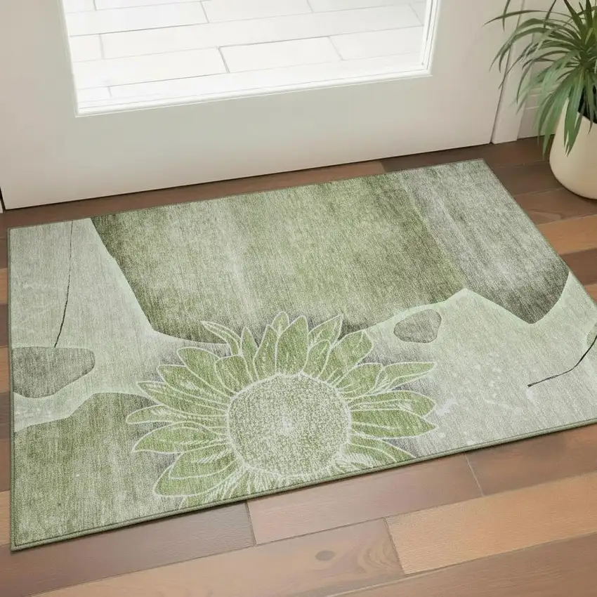 Artichoke Green Gray And Ivory Floral Washable Area Rug With UV Protection Photo 1