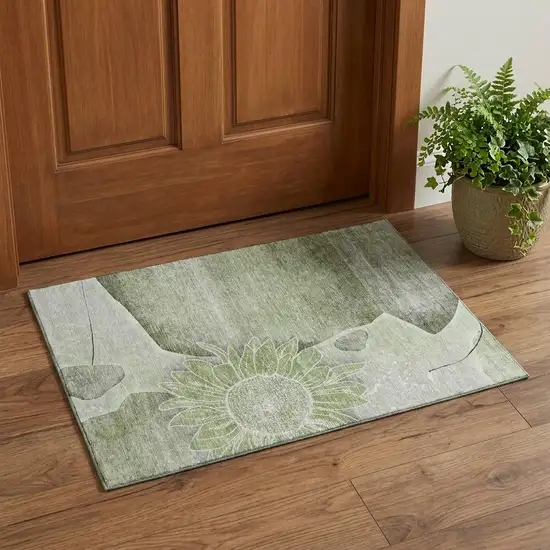 Artichoke Green Gray And Ivory Floral Washable Area Rug With UV Protection Photo 1