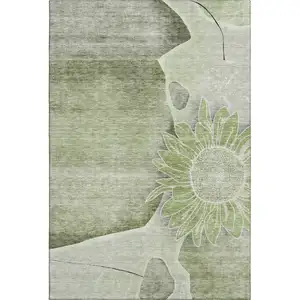 Photo of Artichoke Green Gray And Ivory Floral Washable Area Rug With UV Protection