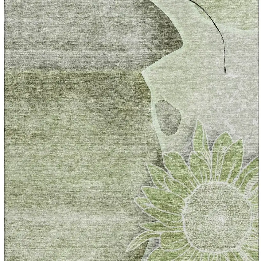 Artichoke Green Gray And Ivory Floral Washable Area Rug With UV Protection Photo 3