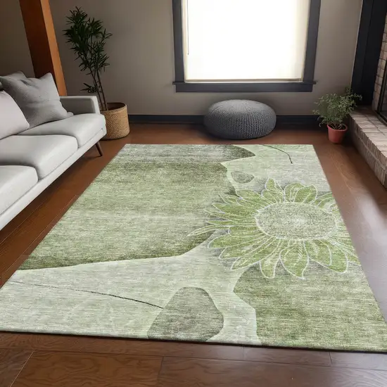 Artichoke Green Gray And Ivory Floral Washable Area Rug With UV Protection Photo 6