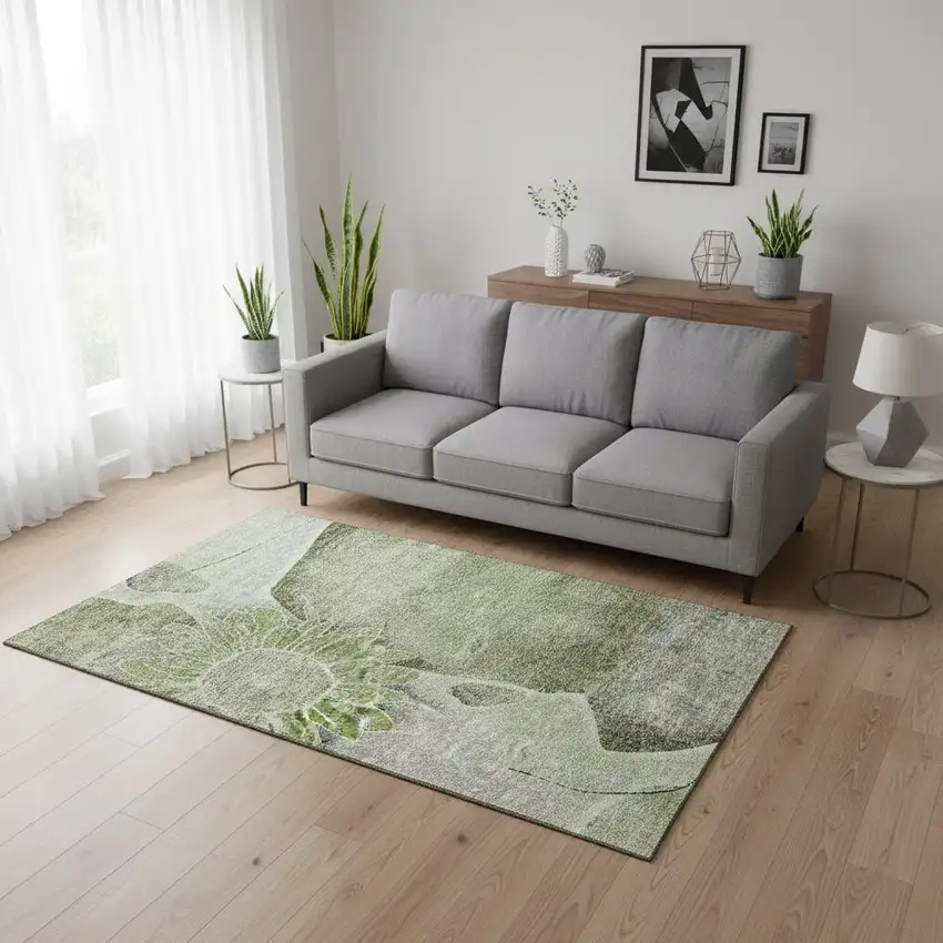 Artichoke Green Gray And Ivory Floral Washable Area Rug With UV Protection Photo 1