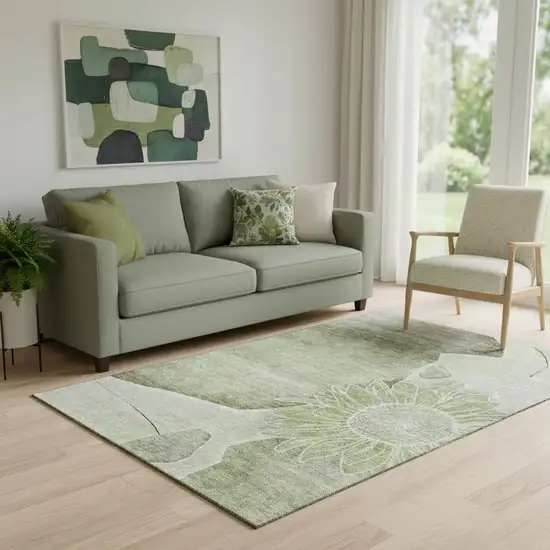 Artichoke Green Gray And Ivory Floral Washable Area Rug With UV Protection Photo 1