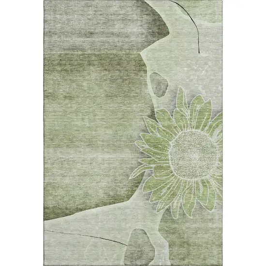 Artichoke Green Gray And Ivory Floral Washable Area Rug With UV Protection Photo 2