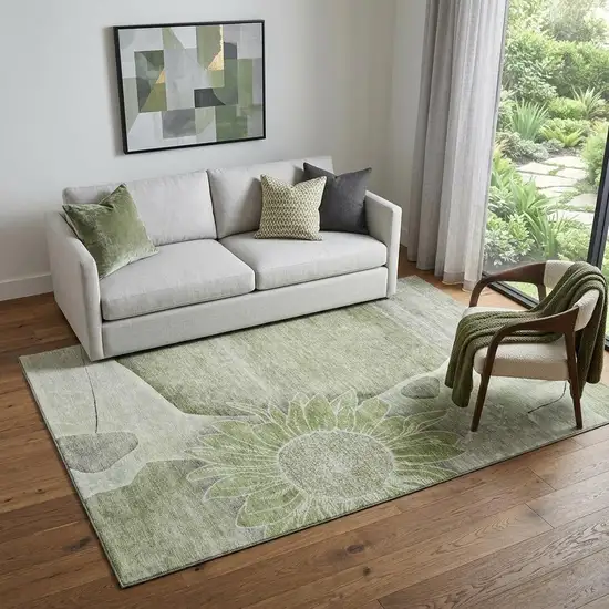 Artichoke Green Gray And Ivory Floral Washable Area Rug With UV Protection Photo 1