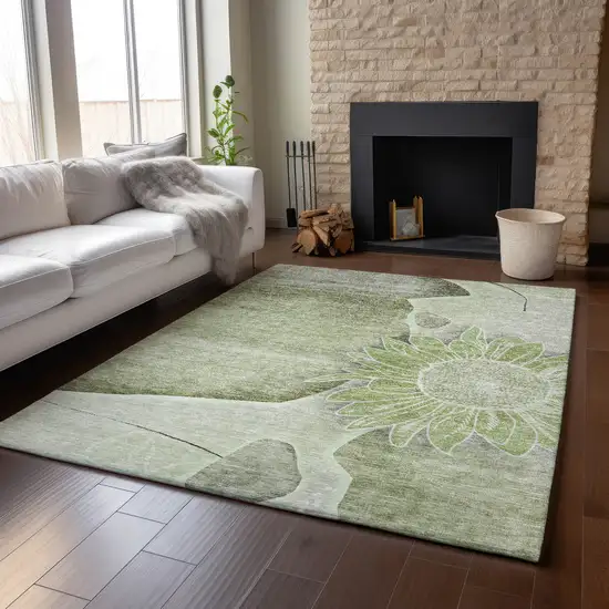 Artichoke Green Gray And Ivory Floral Washable Area Rug With UV Protection Photo 5