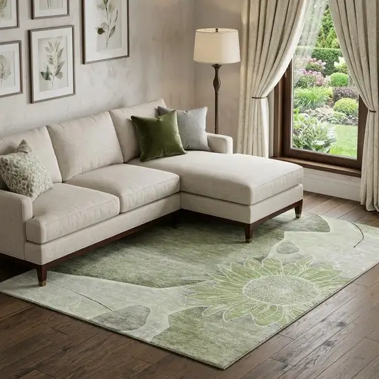 Artichoke Green Gray And Ivory Floral Washable Area Rug With UV Protection Photo 1